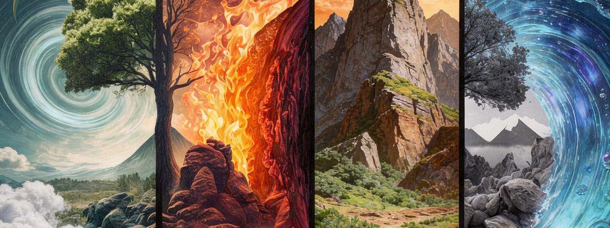 Los cuatro elementos — aire, fuego, tierra y agua — representados como paisajes naturales en paneles verticales yuxtapuestos