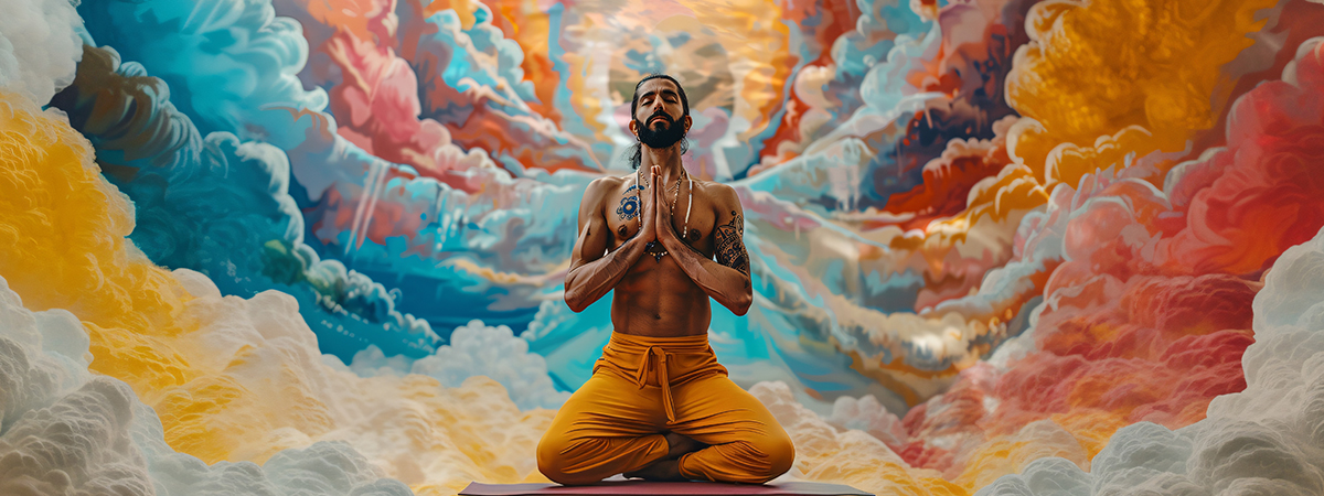 Hombre meditando en postura de loto con las manos juntas, rodeado de nubes de colores vibrantes que representan los chakras