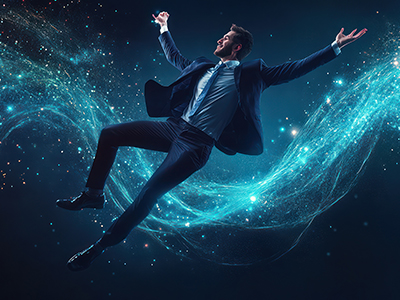 Hombre de traje volando dinámicamente entre partículas de luz azul sobre fondo oscuro, representando libertad y creatividad empresarial